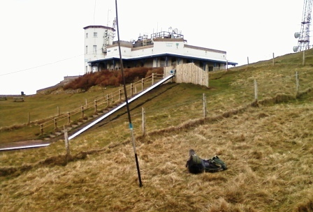 SOTA Pole and rucksack, about 10m lower than the summit