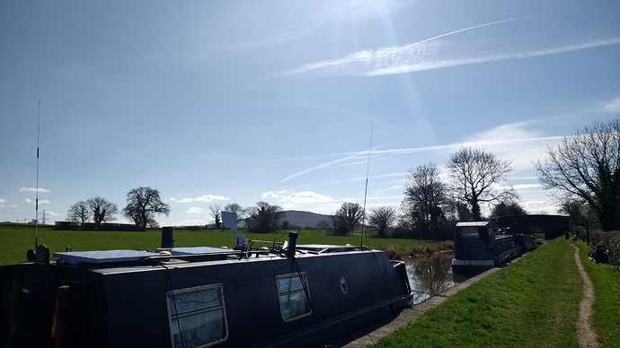 Home (narrowboat) QTH of Sean M0GIA, with The Cloud G/SP-015 in the background.