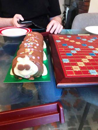 Cuthbert caterpillar birthday cake - and a game of Scrabble!