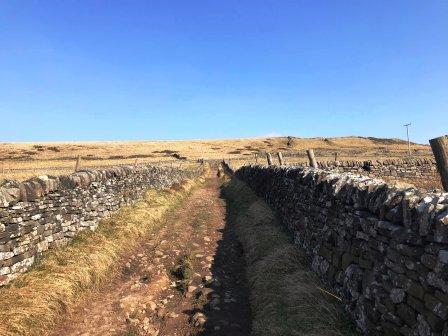 More ascent up the walled track after a sharp corner