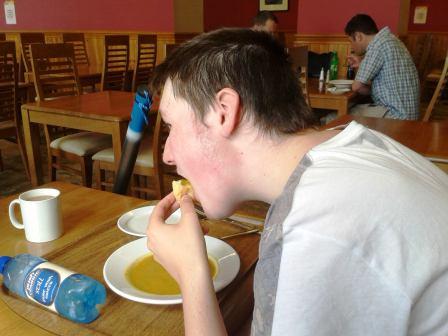 A hungry Liam tucks into his starter on Snaefell
