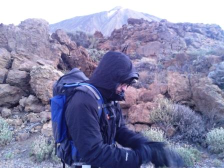 Jimmy having an early rest break, El Teide commanding the view behind
