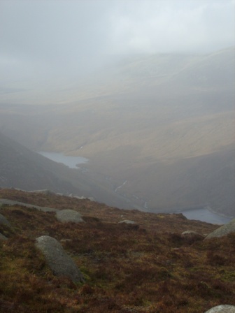 Looking down on the Ben Crom and Silent Valley reservoirs from the summit