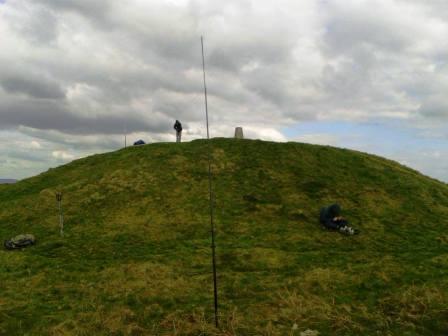 My end-fed HF aerial, with Jimmy setting his VHF antenna higher up in the background