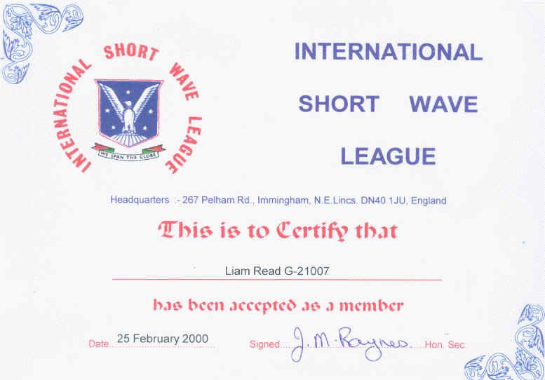 Liam Read G-21007 membership certificate