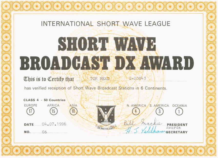 Short Wave Broadcast DX Award - Class 4