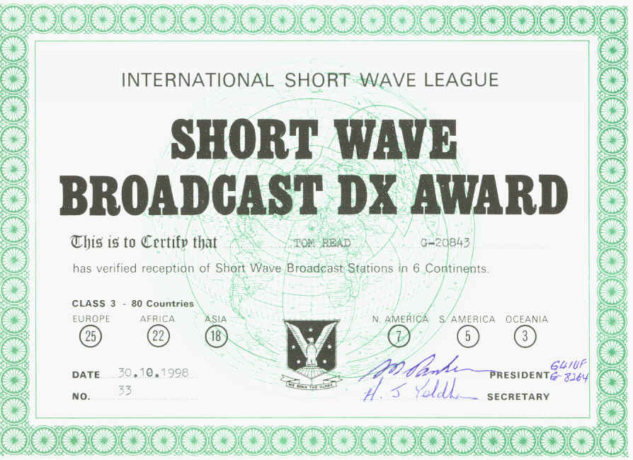 Short Wave Broadcast DX Award - Class 3