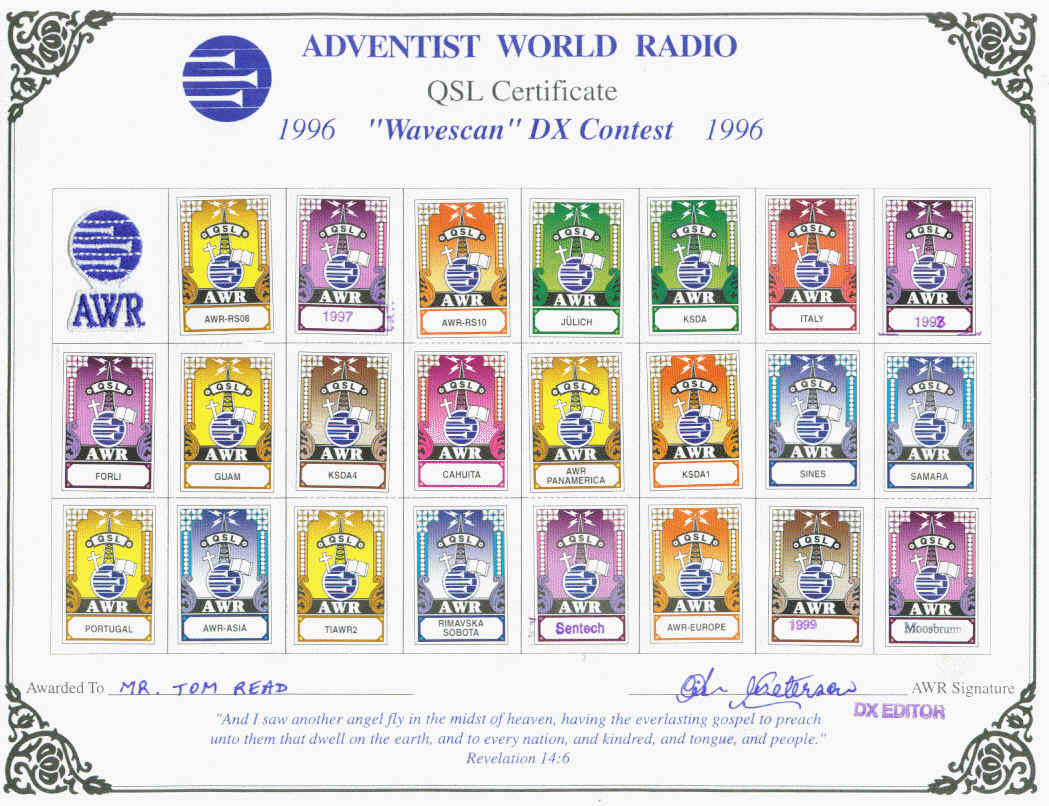 AWR QSL stamp certificate