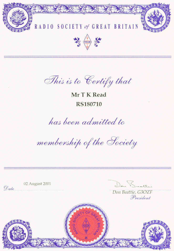 RSGB membership certificate