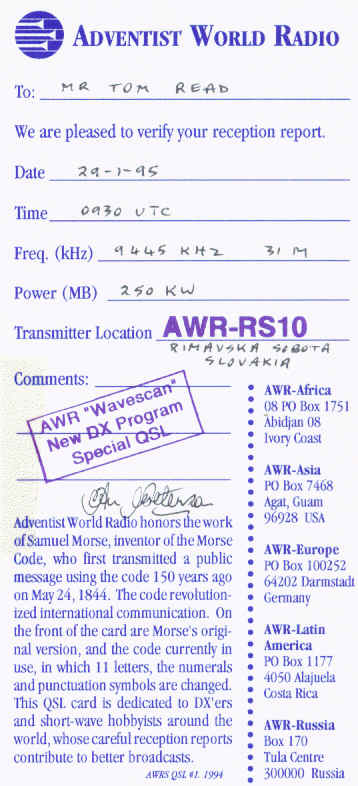 AWR Morse Code QSL card
