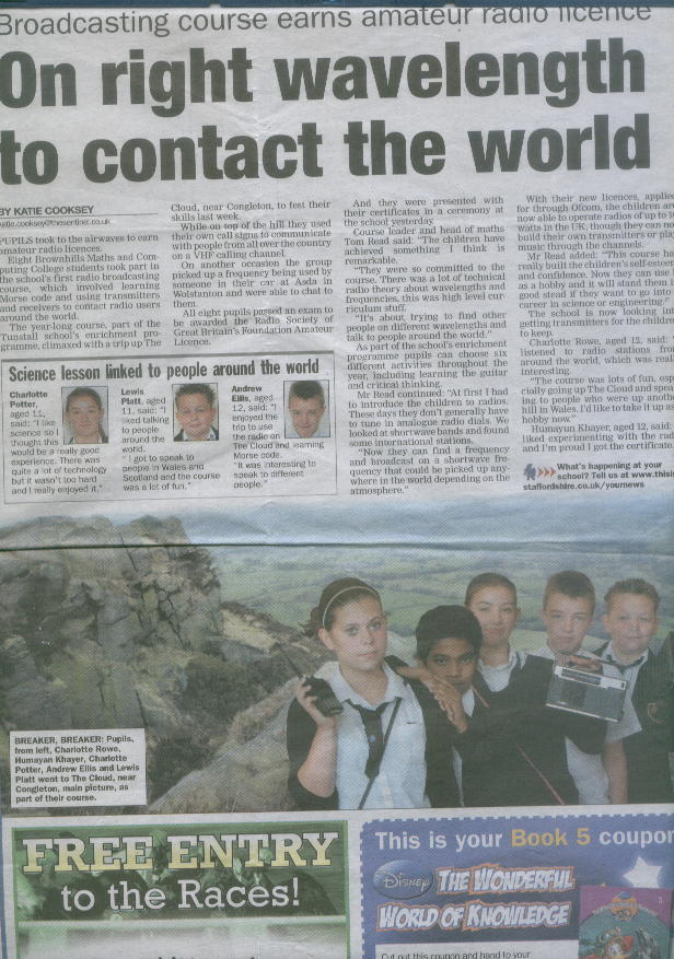 Stoke Sentinel article about amateur radio course at Brownhills High School