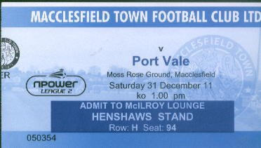 VIP ticket for Port Vale home game, 2011