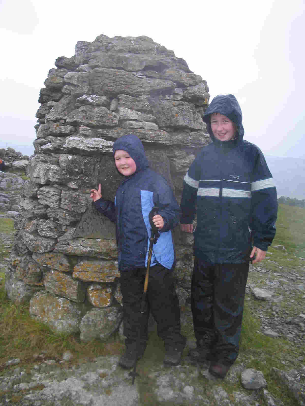 Liam & Jimmy at the summit monument on Whitbarrow (Lord's Seat)