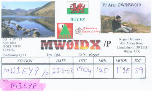 MW0IDX QSL card from Yr Aran